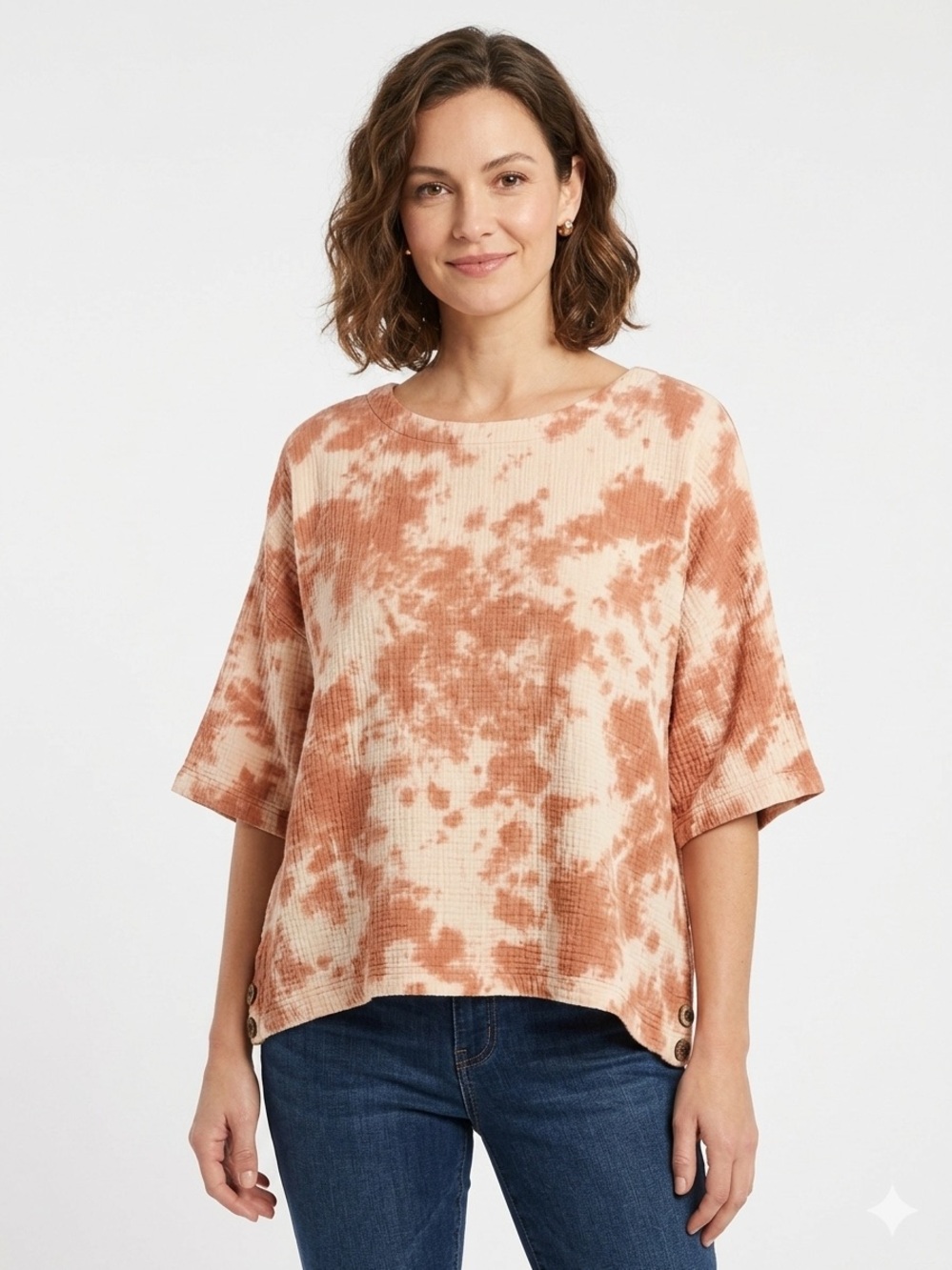 J Jill pure Jill Rust & Cream Tie dye gauze Knit Boatneck Top Large